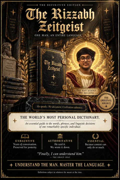 The Rizzabh Zeitgeist advertisement: a gilded dictionary beside a haloed portrait of Rizzabh in a grand library.